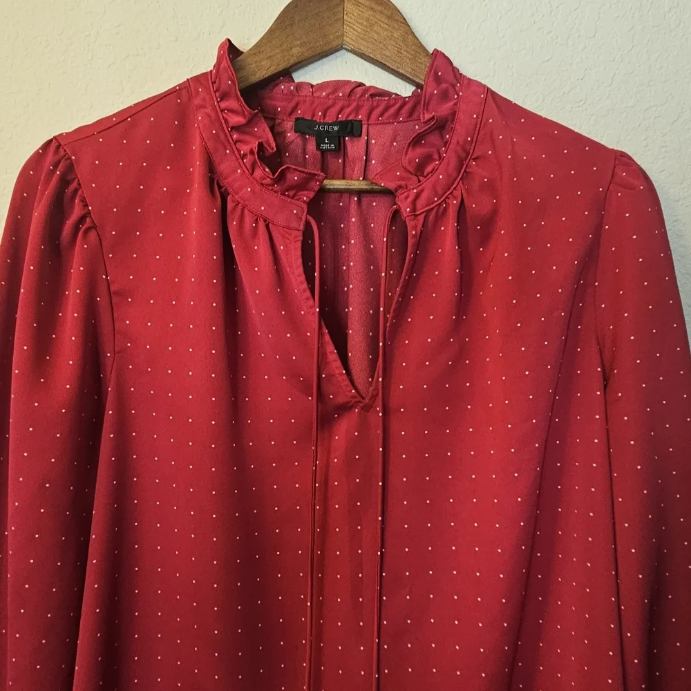 J. Crew Blouse‎ Womens Large Red White Polka Dot Ruffle Sleeve High Low Hem